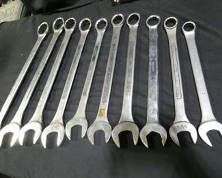 10 XL Heavy Equipment Combination Wrenches	
- 2" - No Name - 23" long
- 1 7/8" - No Name - 22.5" long
- 1 3/4" - No Name - 21" long
- 1 5/8" - No Name - 19.5" long
- 1 7/16" Thorsen - 18" Tall
- 1 5/16" True Craft - 18" long
- 1 3/8" No Name - 17.5" long
- 1 1/4" Cummins - 16.5" long
- 1 1/16" S-K - 14.5" long
- 1" KAL USA - 13.25" long