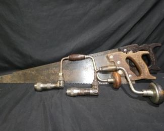 2 Vintage Hand Saws & 2 Hand Drills
- Vintage Attkins & Co. Indianapolis Indiana Hand Saw
- Vintage Disston USA Hand Saw
- 2 Vintage Hand Drills