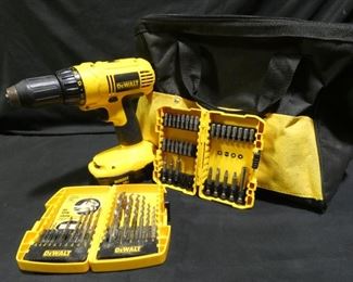 DeWALT 18 Volt Drill, Drill Bit & Screw Drive Bits
- DeWALT 18 Volt Drill with Battery but No Charger
- DeWALT Drill Bit Set (14 Piece)
- DeWALT Screw Driver Bit Set (31 Piece)
- Dewalt Tool Bag