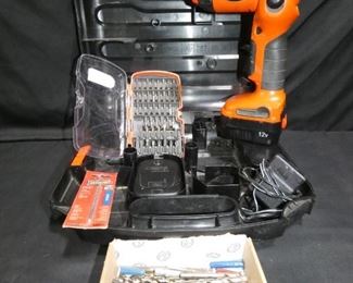 Black & Decker 12 Volt Drill & HDX Driving 50 Pc.
- Black & Decker 12 Volt Drill with Battery & Charger
- HDX 50 Piece Driving Set
- Box of Misc Drill Bits