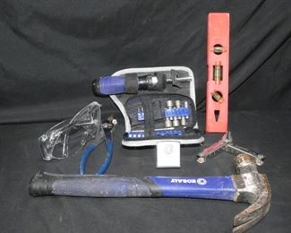 Leatherman Tool, Pliers, Hammer & More
-Kobalt Hammer
-Leatherman Tool
-Adjustable Pliers
-Small Level
-New Safety Goggles
-Small Zippo Detroit Diesel Tape Measure
-Kobalt Driver and Socket Set
-10 Ft Measuring Tape