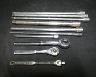 10 Piece Ratchet Socket Extensions
-7 Socket Wrench Extensions
-3 - 1/2" Drive 12"
-2 - 3/8" Drive 10"
-1/4" Drive 10"
-1/4" Drive 6"
-Craftsman VS-43176 1/2" Ratchet
-Craftsman V43185 1/4" Ratchet
-Craftsman 1/4" Swivel Head Ratchet