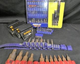 DeWalt, Craftsman Screwdriver Bits
- DeWalt 2 Unopened Packages of #2 Phillips Head Heads
- DeWalt Package of 16 Assorted Heads
- 23 Assorted Heads
- 2 WristBand 2" Assorted extensions
- Ryobi Speedload Bit Holder Set 2 3/8, 3", 4 3/4"
- 28 American Tool Screwdriver Head Assorted Sizes and shapes
- 11 Piece Star Head Sockets