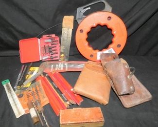 Punches, Screw Driver Bits, Long Arm Wrenches ++
- GB Steel Tape Streamlined Gardener Co.
- 3 Leather Tool Holders
- 5 Craftsman Punches
- #612 Allen 12" long Arm Wrench Set
- 10 Carpeter Pencils 2 other pencils
- 12 Small Drill Bits
- Misc Drill Bits
- Pack of Sears 7 Pc Carbon Steel Wood Drill Bits (1/16, 3/32, 1/8, 5/32, 3/16, 7/32, 1/4)
- DrilTec SDS-+ Rotary Hammer Drill Bit Carbon Tipped 3/26 & 6.25" Long - NEW
- Cutting Tool
- Pack Screw Driver Bits