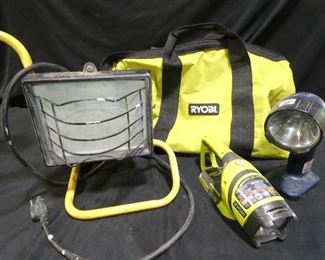 Work Lights & Flashlights
- Ryobi Tool Bag
- Ryobi Battery Powered Flashlight, Rotating Head, Works w/all One Plus Batteries
- Ryobi FL1400 14.4 Volt Battery Flashlight
- Halogen Work Light