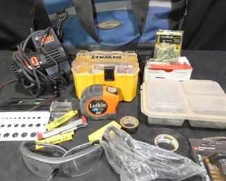 Mini Air Compressor, Tool Bag, More	
- McGuire-Nicholas Workwear Tool Bag w/Shoulder Strap
- Mini 200 Pound Air Compressor
- Box of Wing Nuts
- Box of Triple Grip Wall Anchors
- 2 Containers of Various Screws
- DeWalt Sandpaper
- 25' Lufkin Measuring Tape
- Small Level
- Electrical Tape
- 2 Drill Gauges
- 2 Pairs Eye Protection
- 3 String Levels
- Straight Razor Blades