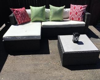 Outdoor chaise lounge set with coffee table - Wicker Style finish. Cushions need covers.  Outdoor Throw Pillows, Lantern.