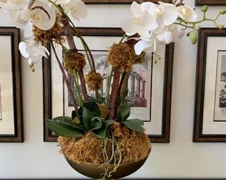 23. Gold Tone Footed Bowl w/ Faux Orchids