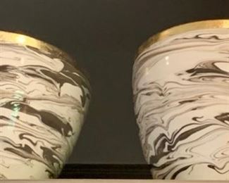 48. 4 Black & White Marbled Glass Vase w/ Gilt Trim