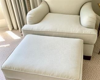 121. Gray Chair & Ottoman w/ Kravet Upholstery