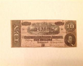 1864 Confederate States of America $10 Ten Dollars