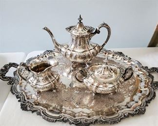 Sterling tea pot coffee and sugar tray silverplate