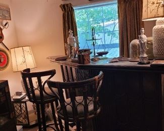Bar top covered in mid century items
