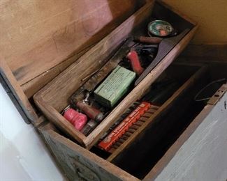 Vintage wood working chest and tools.