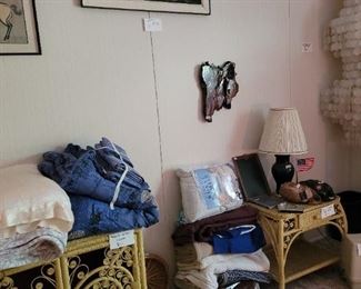 Peacock wicker stand and end tables. Mid century.