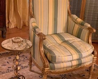 GILDED AND CARVED BERGERE IN SILK STRIPE