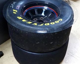 Nascar Tires, Qty 2, One Signed By Mark Martin, Stacked to Make Table Base, With Round Beveled Glass For Top