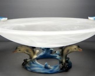 Murano Art Glass Bowl With Dolphin Base And Detachable Side Handles