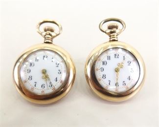 2 Antique 10k Gold Filled Miniature Porcelain Faced Pocket Watches