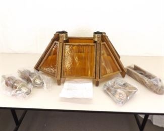 Vintage NEW Wood Framed Slag Glass Hanging 2 Light Bar Lamp