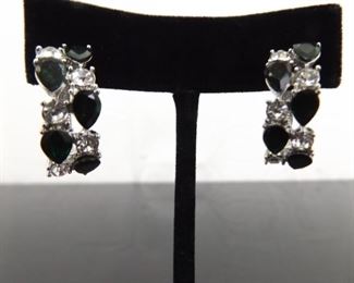 .925 Sterling Silver Pear Cut Emerald Crystal Hinged Clamp Post Earrings