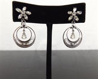 .925 Sterling Silver Flower Crystal Filigree Hoop Dangle Screw Back Earrings