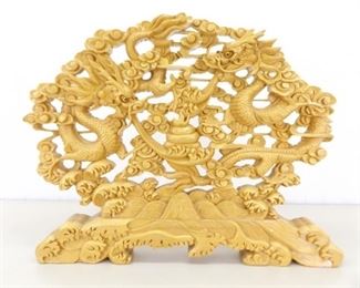 Larger Hand Carved Wood Double Dragon Carving Display