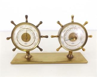 WORKING Vintage Brass Ships Wheel Desk Thermometer and Barometer