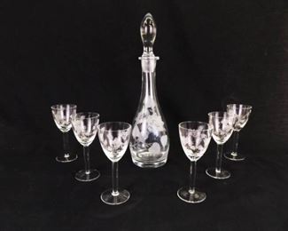 Antique Etched Crystal Cordial Decanter and 6 Glass Set