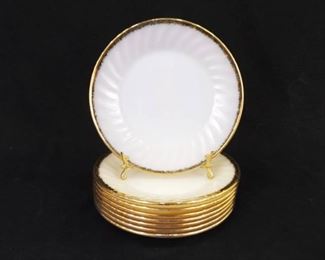 8 Vintage FIRE KING White Swirl Gold Rim Salad Plates