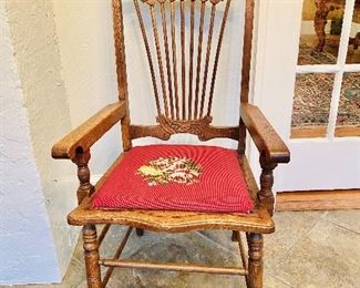 Antique oak armchair, needlepoint seat