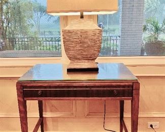 Antique end table, contemporary lamp, pair of each
