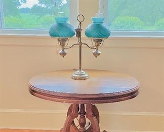 Victorian parlor table, antique lamp