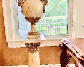 Natural stone pedestal and urn, one of pair