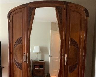  Art Deco armoire w/2 side doors and mirrored center door  - also has matching ladies vanity, queen bed and nightstand 