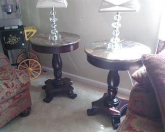 Two side tables and very nice glass lamps