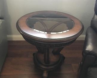 Round wood and glass side table, 29" diameter x 27"H