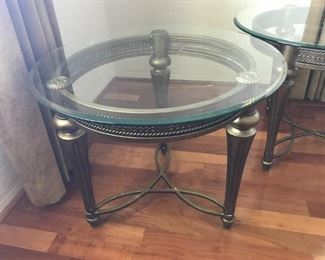 Set of 2 matching glass top end table with brass tone bases, 28" diameter x 23"H