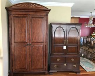 Large armoire, 45" x 22" x 88", drawers, shelving and optional hanging bar.  Drexel armoire, 39" x 19" x 66, with inside mirror. Lots of storage! 
