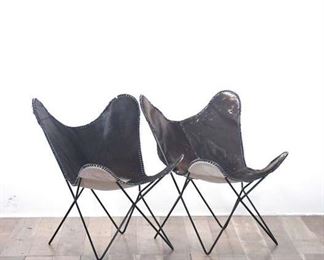 Pair Of Genuine Black & White Goat Leather Butterfly Lounge Chairs