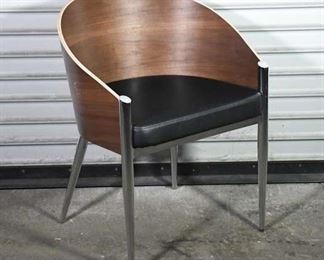 Midcentury Modern Curved Woodgrain Accent Chair With Black Seat