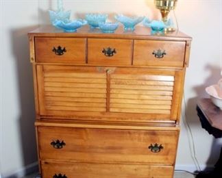 Atkins Early American Bedroom Set Chest Of Drawers with Drop Front Desk, Aladdin Lamp