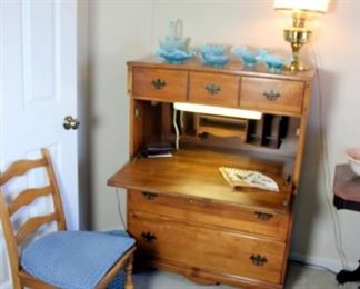 Atkins Early American Bedroom Set Chest Of Drawers with Drop Front Desk, Aladdin Lamp