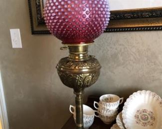 Antique Cranberry Hob Nail Opalescent Fenton Lamps