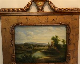 Decorative, Antique Gold Guild Mirror with Oil Painting at top 
