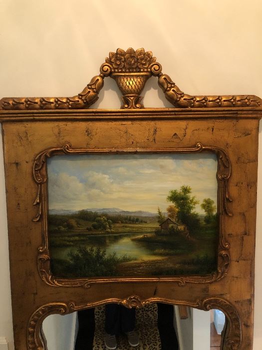 Decorative, Antique Gold Guild Mirror with Oil Painting at top