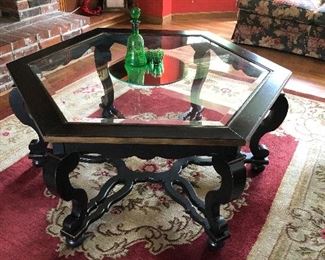 Hexagon Glass and  Black Enamel  Wood  Coffee Table