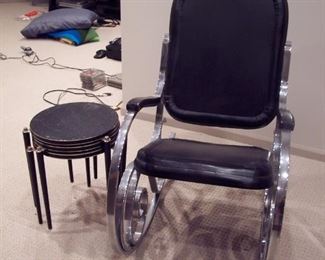 Maison Jansen Flat Bar Chrome & Leather Rocking Chair