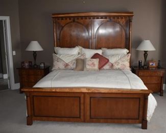 Incredible king size Henredon bedroom suite includes complete bed as well as matching night stands, dressing armoire