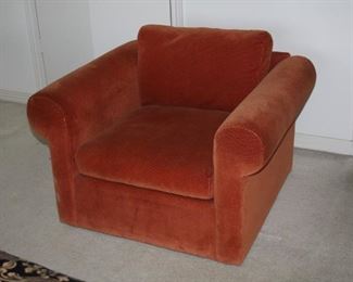 pair of orange MCM chairs with one ottoman - $ 250